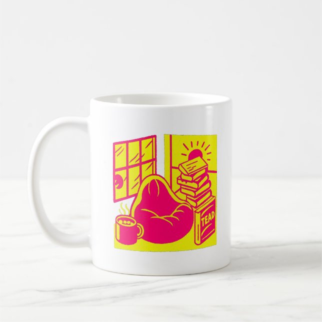 Caneca De Café Vibrant Retro Reading Nook Illustration (Esquerda)
