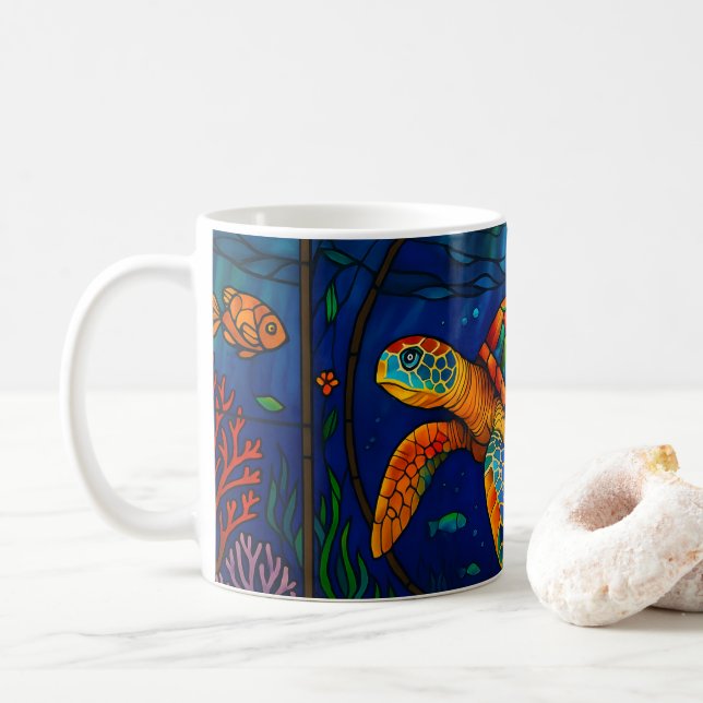 Caneca De Café Vibrant Stained Glass Sea Turtle Ocean Design (Com Donut)