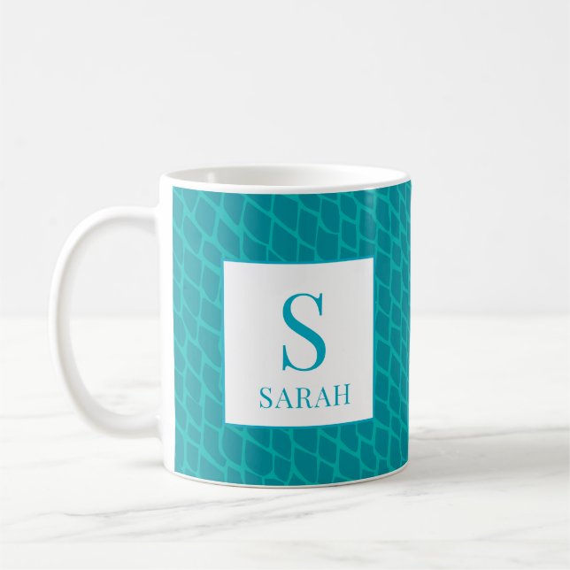 Caneca De Café Vibrant Teal Scale Mermaid Monogram Custom Name (Esquerda)