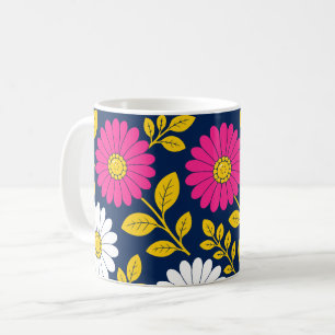 Caneca De Café Vibrante Floral com Margaridas e Folhas Douradas