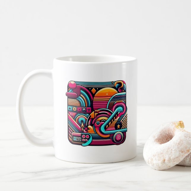 Caneca De Café "Vibrante Retro Neon Geométrico" (Com Donut)