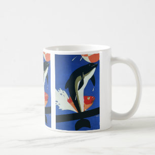Caneca De Café Vida Marinha Vintage, Golfinho e Peixe Dourado