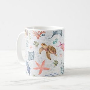 Caneca De Café Vida Oceânica em Aquarela Texturizada Branca