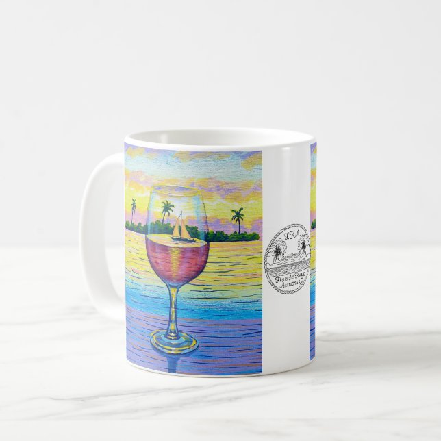 Caneca de café, vidro de vinho no por do sol (Frente Esquerda)