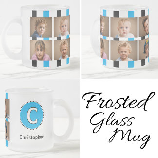 Caneca De Café Vidro Jateado 6 nome inicial foto preto azul