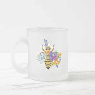 Caneca De Café Vidro Jateado Abelha flor com plantas silvestres