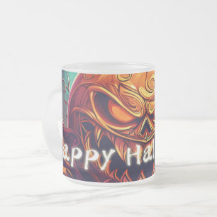Caneca De Café Vidro Jateado Abóbora Laranja Assustadora com Rosto, Halloween