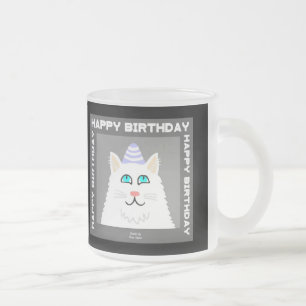 Caneca De Café Vidro Jateado Aniversário Fluffy White Cat Fosco
