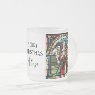 Caneca De Café Vidro Jateado Anjo de Natal em Vidro Colorido Vermelho e Verde