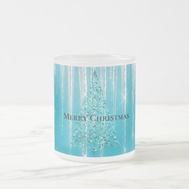 Caneca De Café Vidro Jateado Aqua Blue Icicles Sparkle Christmas Tree (Centro)
