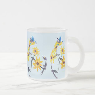 Caneca De Café Vidro Jateado Arte Floral De Pássaros, Flores Azuis