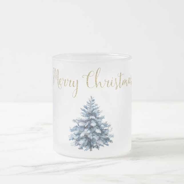 Caneca De Café Vidro Jateado Árvores de Natal brancas azuis (Centro)