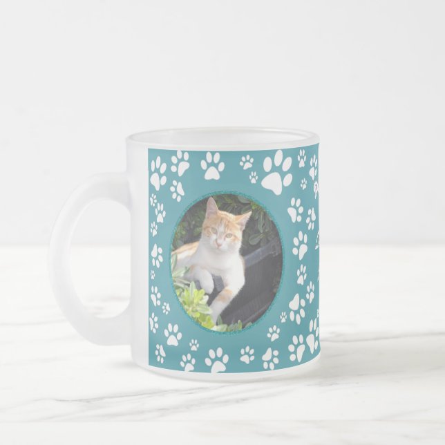 Caneca De Café Vidro Jateado As Suas Fotos, Gato Memorial Paw Imprime Teal (Esquerda)