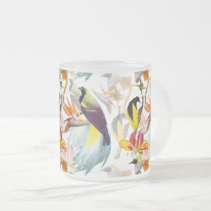 Caneca De Café Vidro Jateado Aves Exóticas de Paraíso e Flores Aquarela