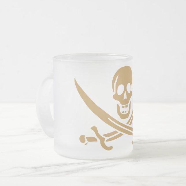 Caneca De Café Vidro Jateado Aztec Dourado Crânio e Cutlass Pirata Calico Jack (Frente Esquerda)