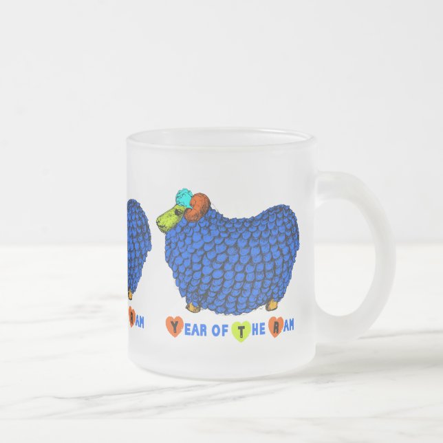 Caneca De Café Vidro Jateado Azul Ram Chinês Ano Vidro de Fosco Zodiodato M (Direita)