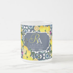 Caneca De Café Vidro Jateado Azulejos Mediterrâneos de Limão Azul Naval Branco