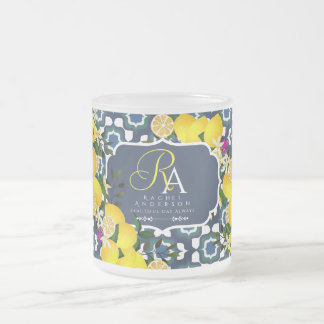Caneca De Café Vidro Jateado Azulejos Mediterrâneos de Limão Azul Naval Branco