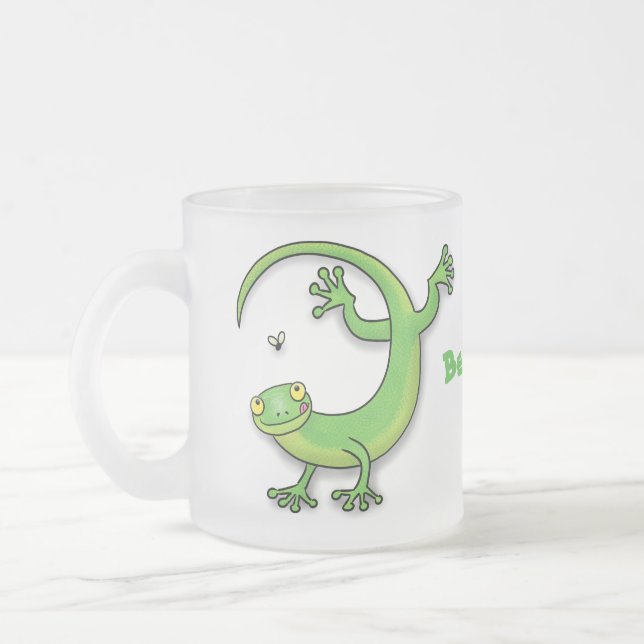 Caneca De Café Vidro Jateado Boas saudações da lagartixa verde e feliz com dese (Esquerda)