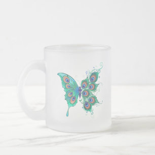Caneca De Café Vidro Jateado Borboleta com Penas de Pavão Verde