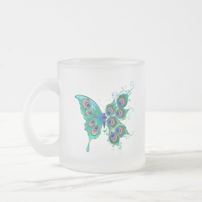 Caneca De Café Vidro Jateado Borboleta com Penas de Pavão Verde (Esquerda)