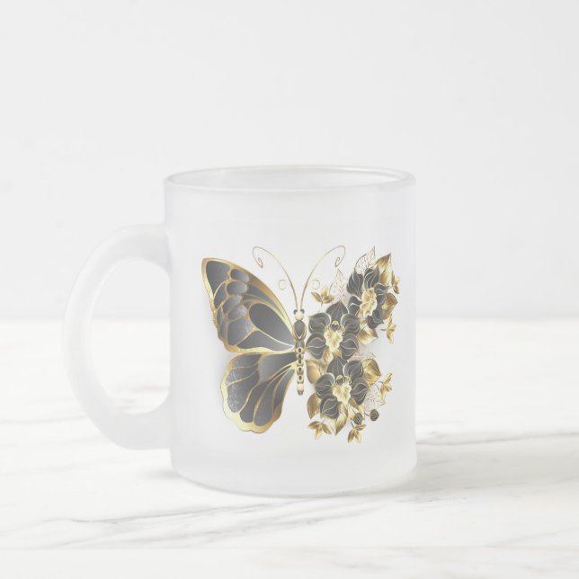 Caneca De Café Vidro Jateado Borboleta Flor Dourada com Orquídea Preta (Esquerda)