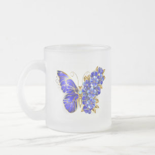 Caneca De Café Vidro Jateado Borboleta Flor Sapphire