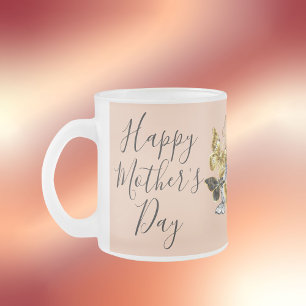 Caneca De Café Vidro Jateado Borboletas do coração de Dia de as mães felizes