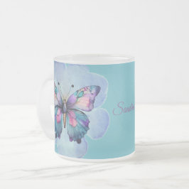 Caneca De Café Vidro Jateado Borboletas e flores personalizadas de aquarelas