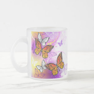 Caneca De Café Vidro Jateado Borboletas Monarcas em Fundo Roxo