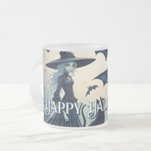 Caneca De Café Vidro Jateado Bruxa, Gato Negro e Morcegos no Céu Negro