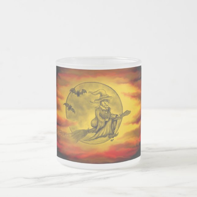 Caneca De Café Vidro Jateado bruxa voadora com gato preto, noite de halloween (Centro)