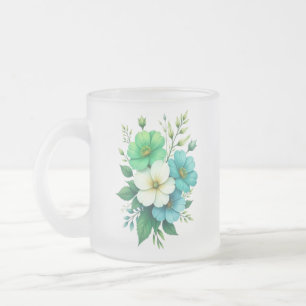 Caneca De Café Vidro Jateado Buquê de Flores Brancas Azuis-57453