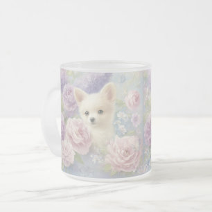 Caneca De Café Vidro Jateado cachorrinho branco fofo com flores