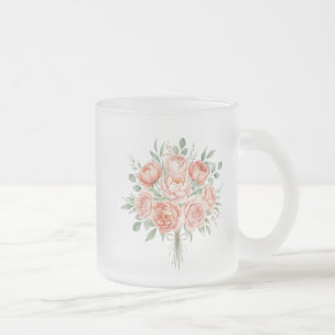 Caneca De Café Vidro Jateado Café Floral de Peônia Rosa e Rosa em Aquarela