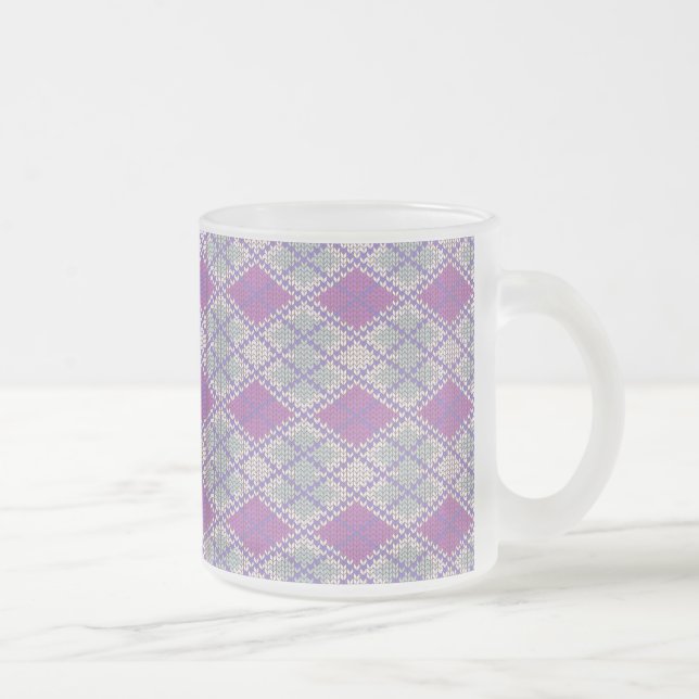 CANECA DE CAFÉ VIDRO JATEADO CANECA DE VIDRO FROSTED COM TRICÔ ARGYLE LILÁS (Direita)