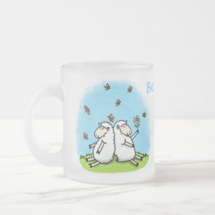 Caneca De Café Vidro Jateado Caricatura de carneiros e borboletas