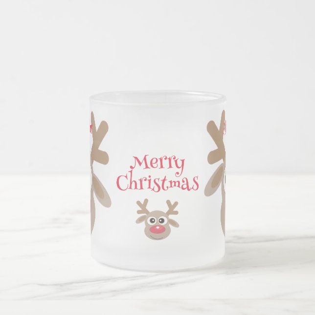 Caneca De Café Vidro Jateado Cartoon Reindeer de Natal bonito Branco de inverno (Centro)