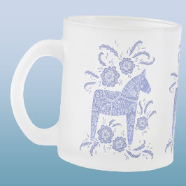 Caneca De Café Vidro Jateado Cavalos Dala Suecos Azul Periwinkle e Branco