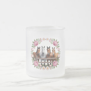 Caneca De Café Vidro Jateado Cavalos Elegantes na Arte de Grinalda Floral