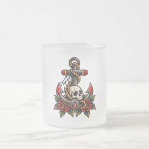 Caneca De Café Vidro Jateado Caveira e Âncora