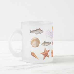 Caneca De Café Vidro Jateado Conchas Marinhas e Estrela do Mar em Aquarela Tema