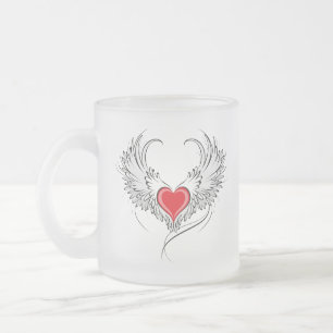 Caneca De Café Vidro Jateado Coração Anjo Vermelho com asas