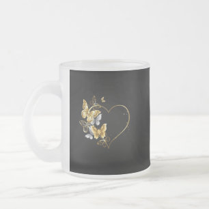 Caneca De Café Vidro Jateado Coração com Borboletas Ouros