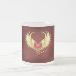 Caneca De Café Vidro Jateado Coração Vermelho com Asas Ouros