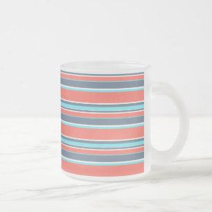 Caneca De Café Vidro Jateado Coral vivo, listras azuis e cinzas