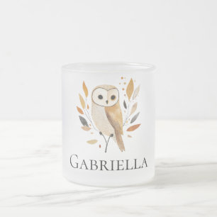 Caneca De Café Vidro Jateado Cream Orange Owl com Folhas