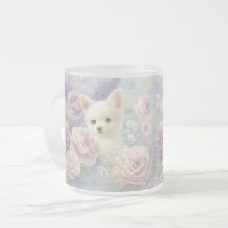 Caneca De Café Vidro Jateado cute white puppy with flowers