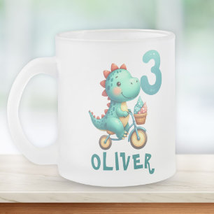 Caneca De Café Vidro Jateado Dinossauro Fofo com Bicicleta 3º Aniversário