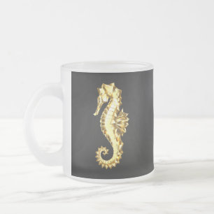 Caneca De Café Vidro Jateado Dourado Cavalo de Mar Poligonal